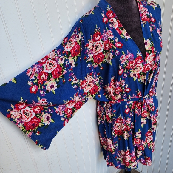 Women's Blue Pink Floral Rayon Cotton Mini Robe Kinomo One Size OS - Picture 4 of 12
